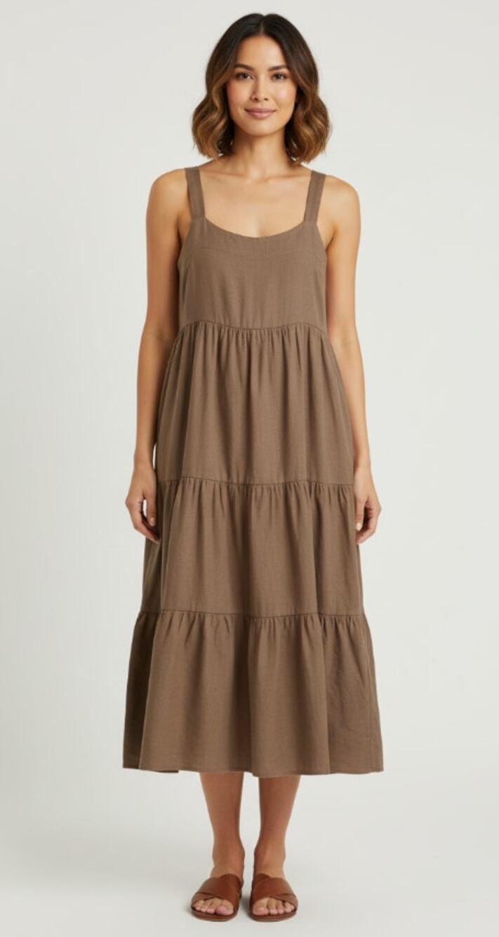 THE DROP BRITT SLEEVELESS FLOWY TIERED MIDI SUNDRESS MUSHROOM BROWN WOMEN MEDIUM